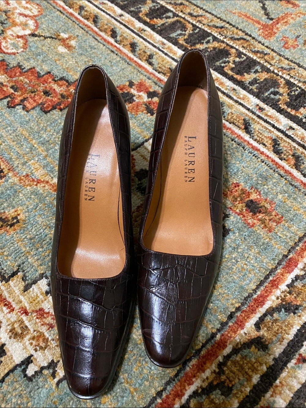 Vintage Lauren Ralph Lauren Dark Brown Croc-Embossed Leather Pumps